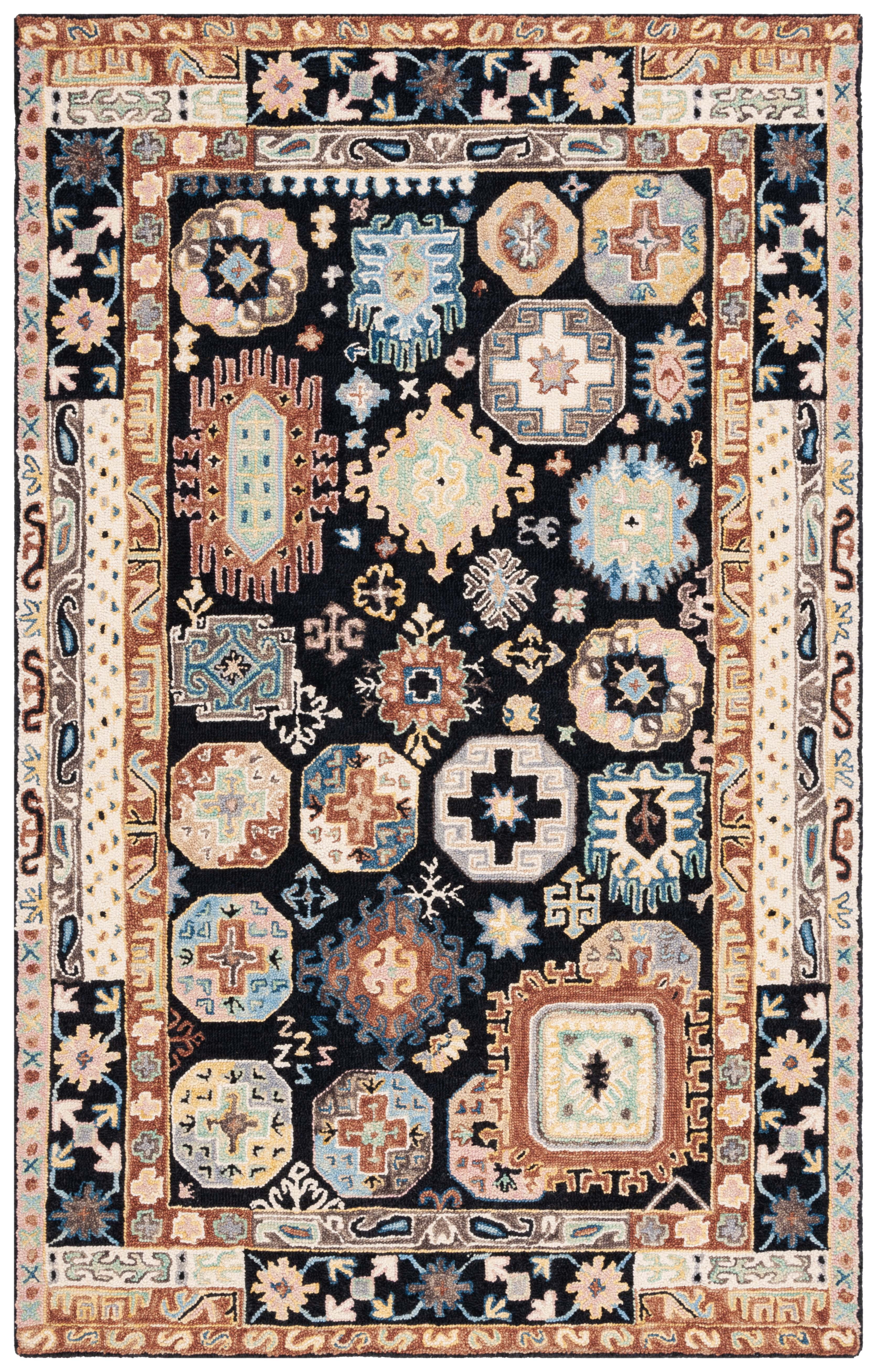 Handmade Black and Ivory Geometric Wool Round Area Rug
