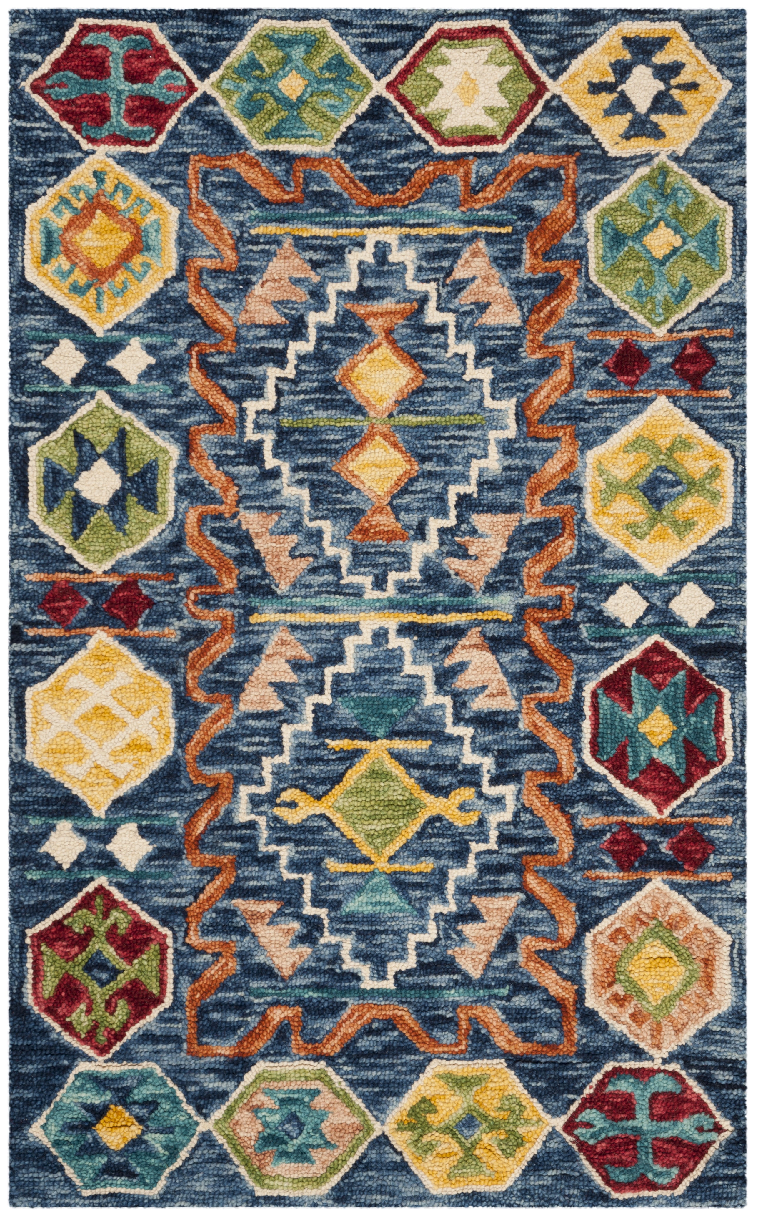 Handmade Tufted Wool Area Rug in Blue Geometric - 3' x 5'