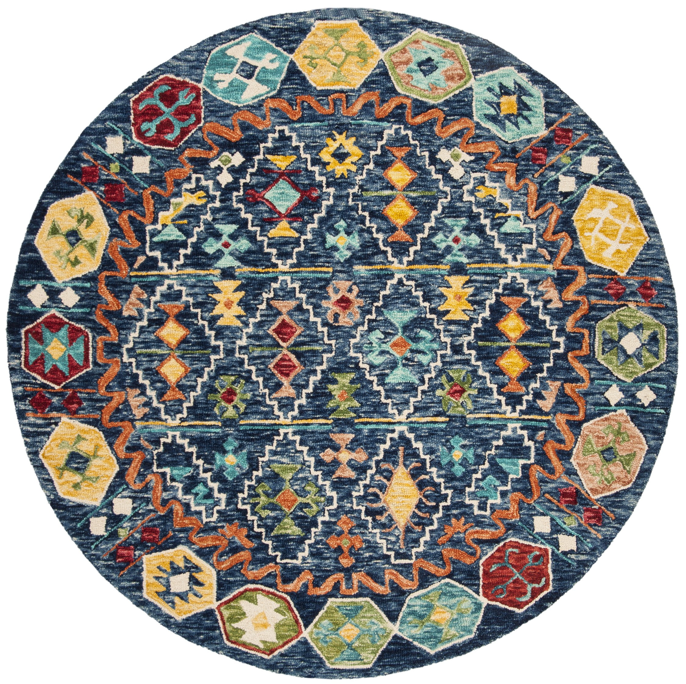 SAFAVIEH Aspen Joyce Southwestern Wool Area Rug, Navy/Gold, 5' x 5' Round