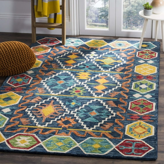 SAFAVIEH Aspen Joyce Southwestern Wool Area Rug, Navy/Gold, 6' x 9'