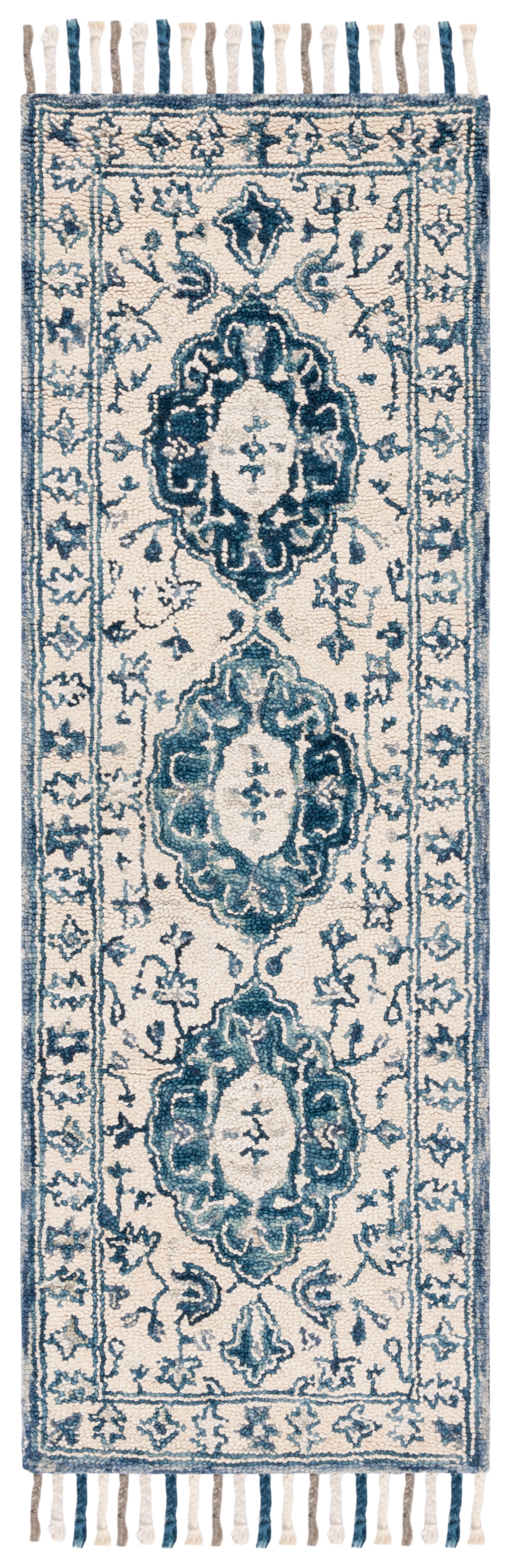 Handmade Ivory and Blue Wool Cotton Tufted Runner Rug
