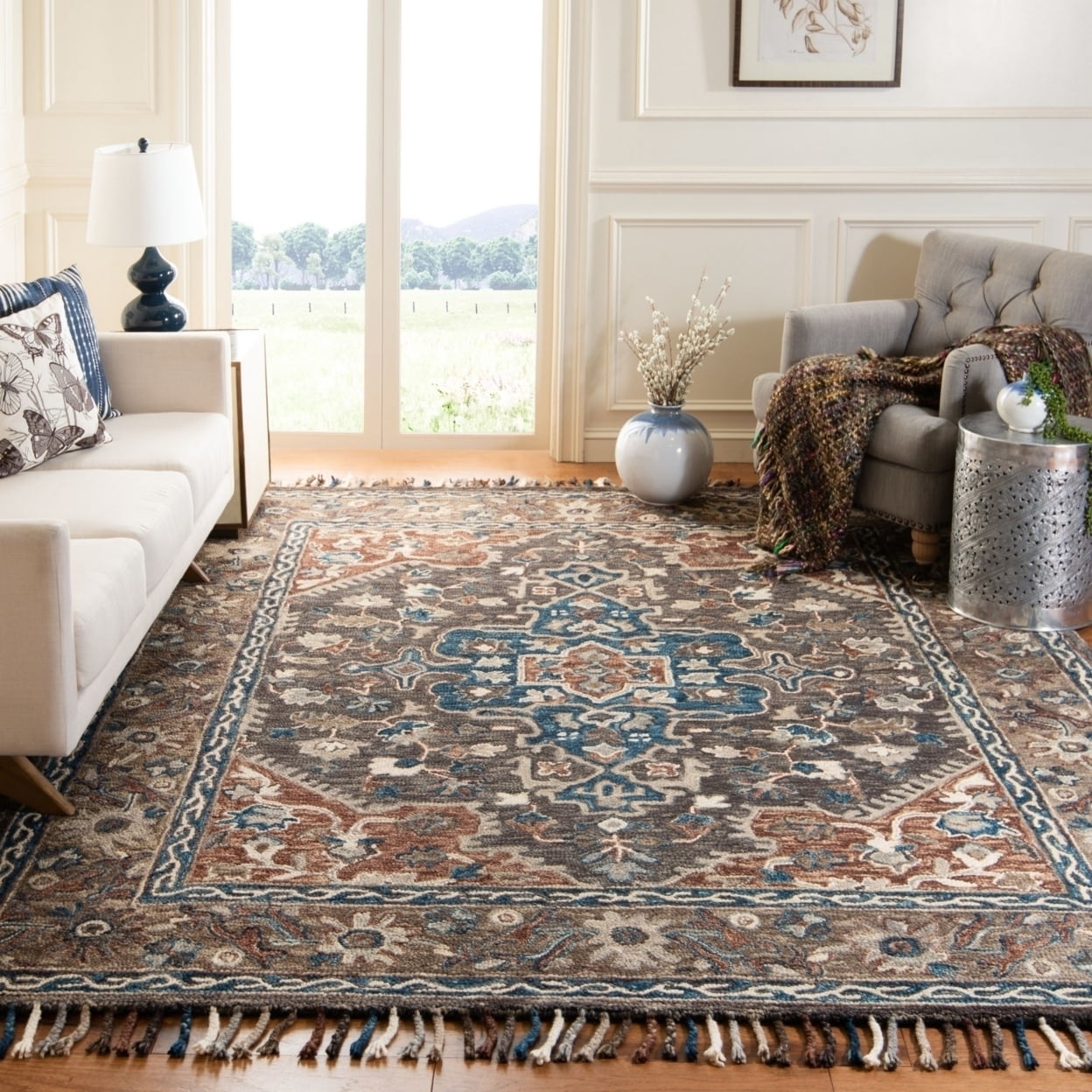 Aspen Blue and Charcoal Wool Floral Runner Rug
