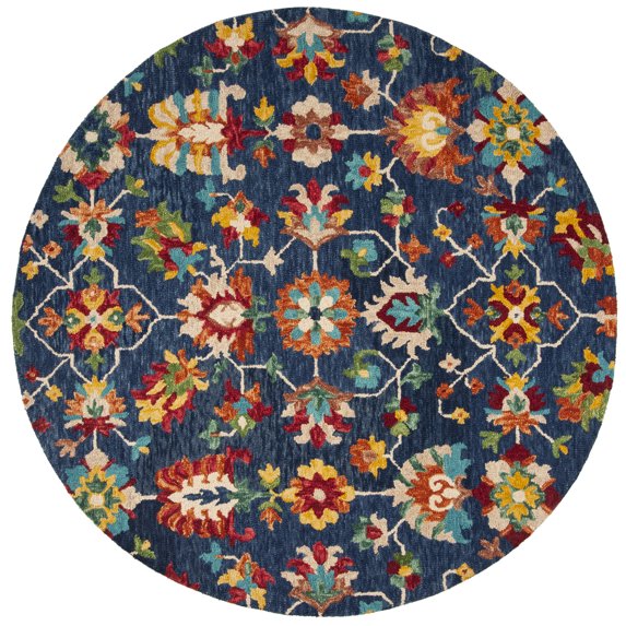 SAFAVIEH Aspen Magdalena Floral Bordered Wool Area Rug, Navy/Red, 3' x 3' Round