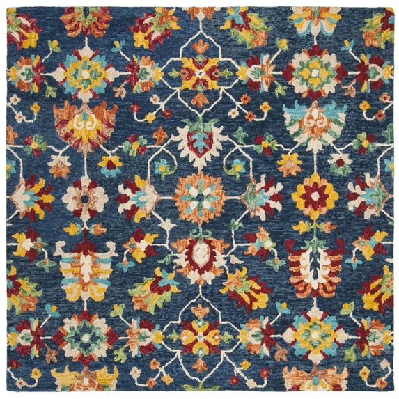 SAFAVIEH Aspen Magdalena Floral Bordered Wool Area Rug, Navy/Red, 3' x 3' Square