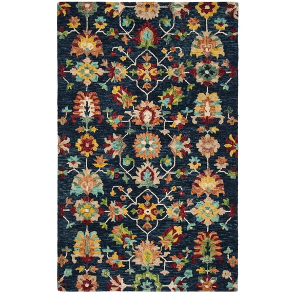 SAFAVIEH Aspen Magdalena Floral Bordered Wool Area Rug, Navy/Red, 6' x 9'