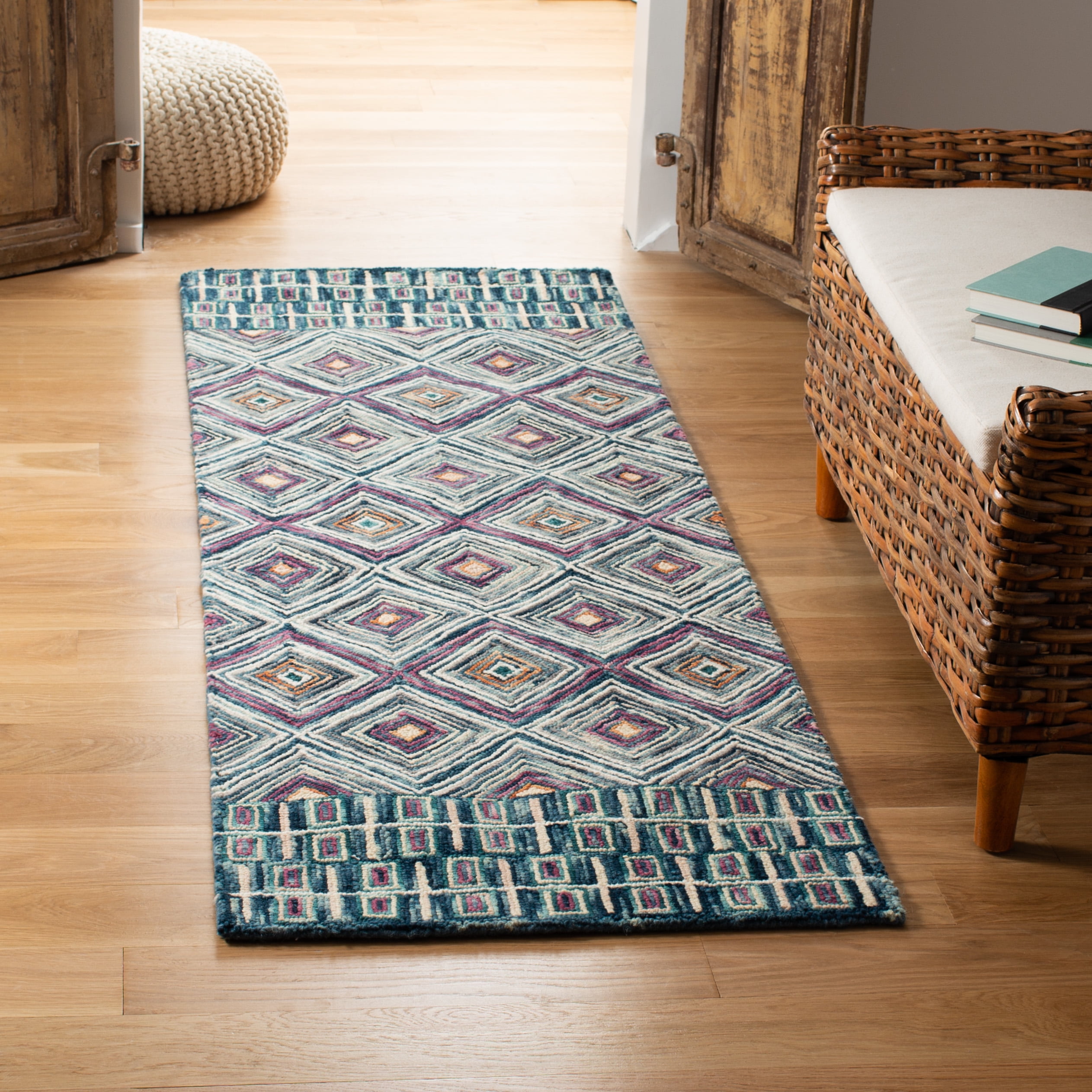 Geometric Blue & Red Handmade Wool Runner Rug - 27in x 7in