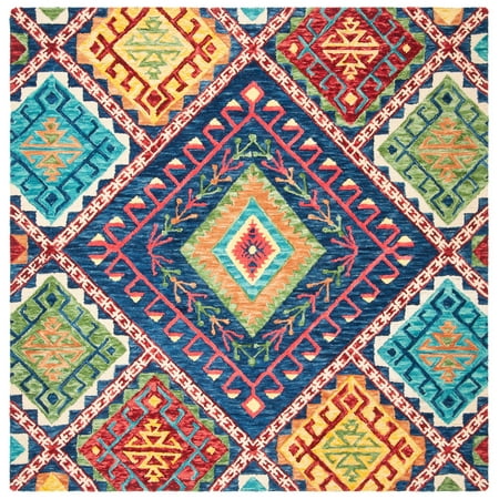 SAFAVIEH Aspen Mia Geometric Diamonds Wool Area Rug, Blue/Multi, 5' x 5' Square