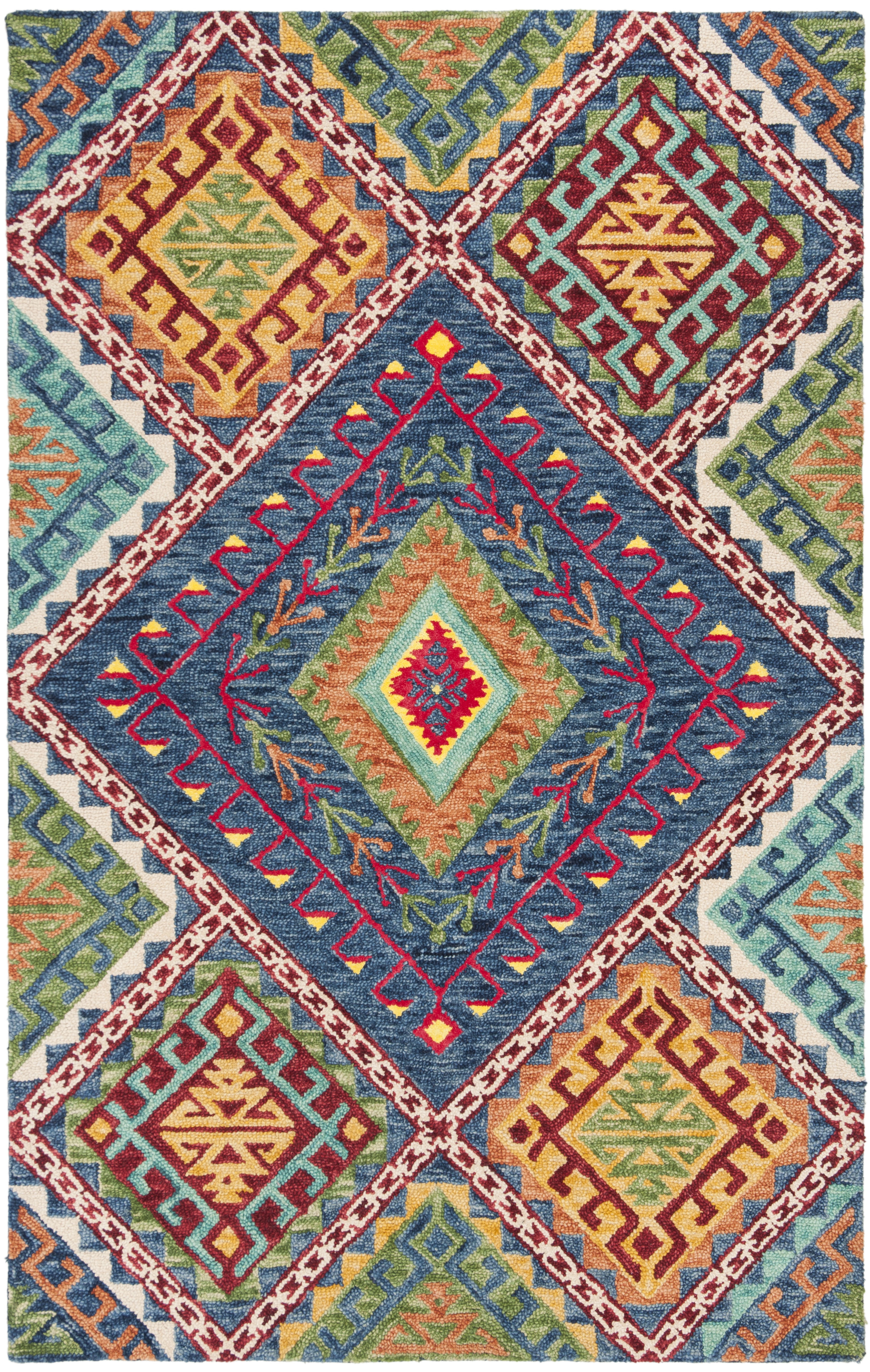 SAFAVIEH Aspen Mia Geometric Diamonds Wool Area Rug, Blue/Multi, 6' x 9'