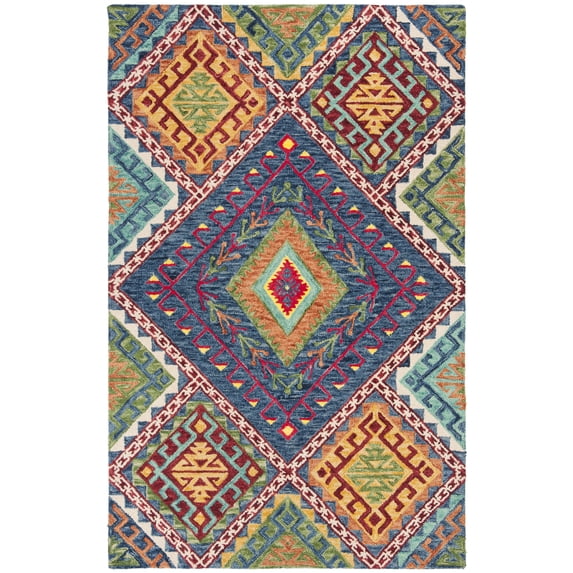 SAFAVIEH Aspen Mia Geometric Diamonds Wool Area Rug, Blue/Multi, 6' x 9'