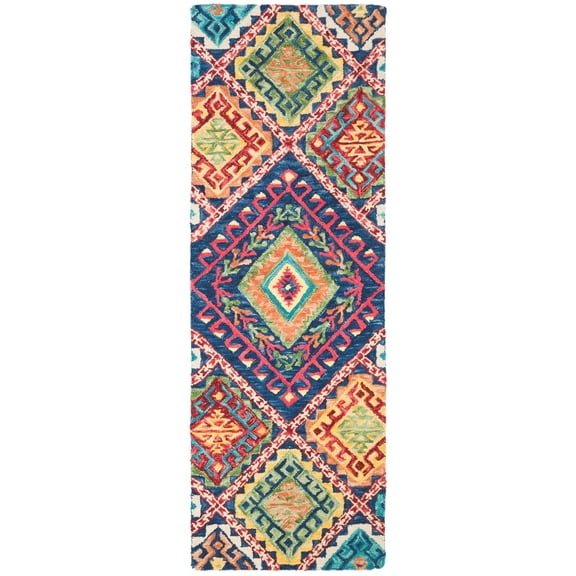 SAFAVIEH Aspen Mia Geometric Diamonds Wool Runner Rug, Blue/Multi, 2'3" x 15'