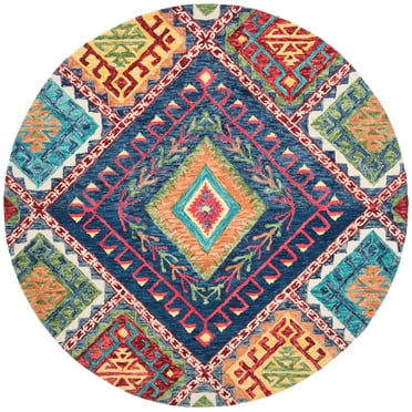 SAFAVIEH Aspen Mia Geometric Wool Area Rug, Blue/Multi, 3' x 3' Round