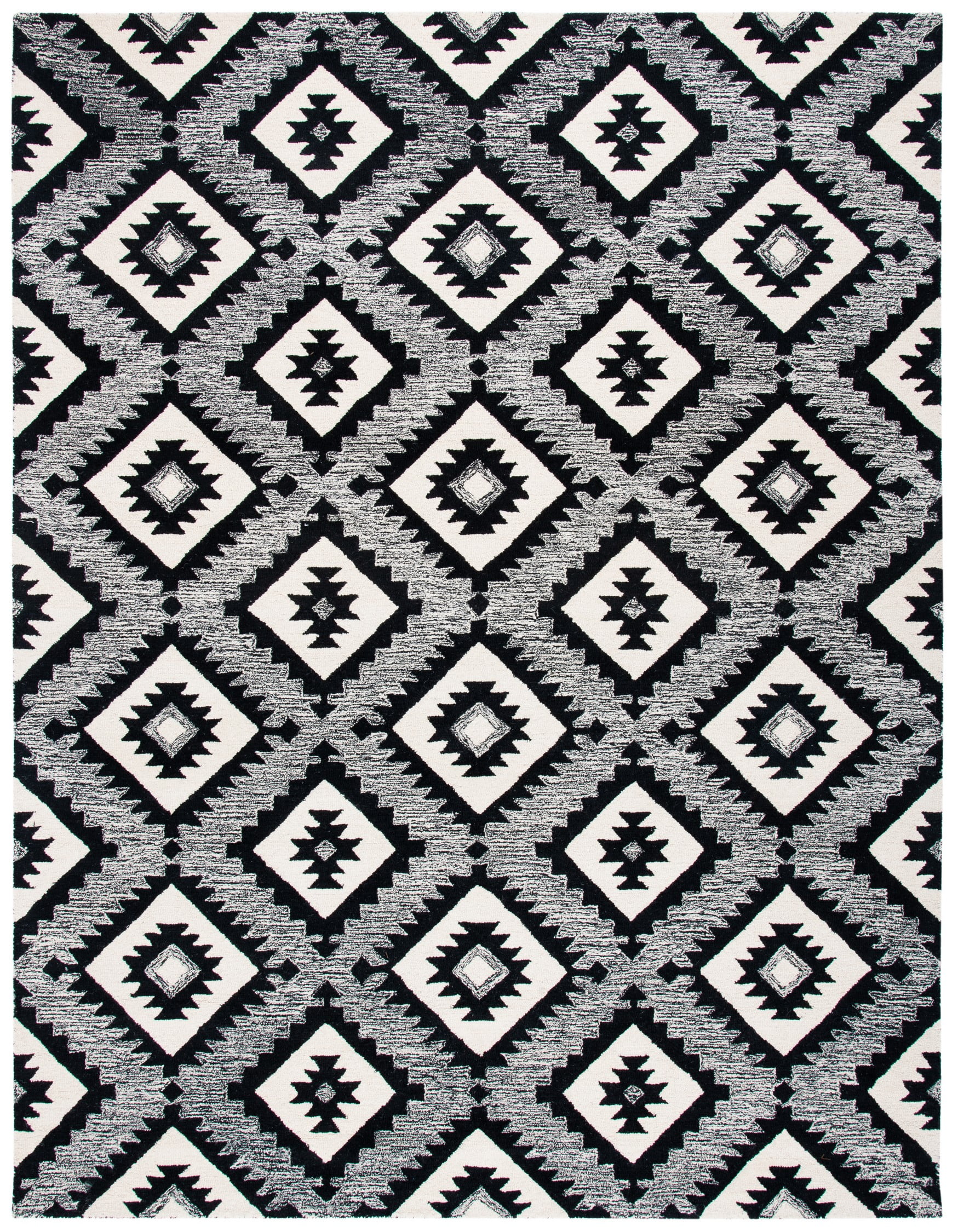 Handmade Black and White Wool Southwestern 11' x 15' Area Rug
