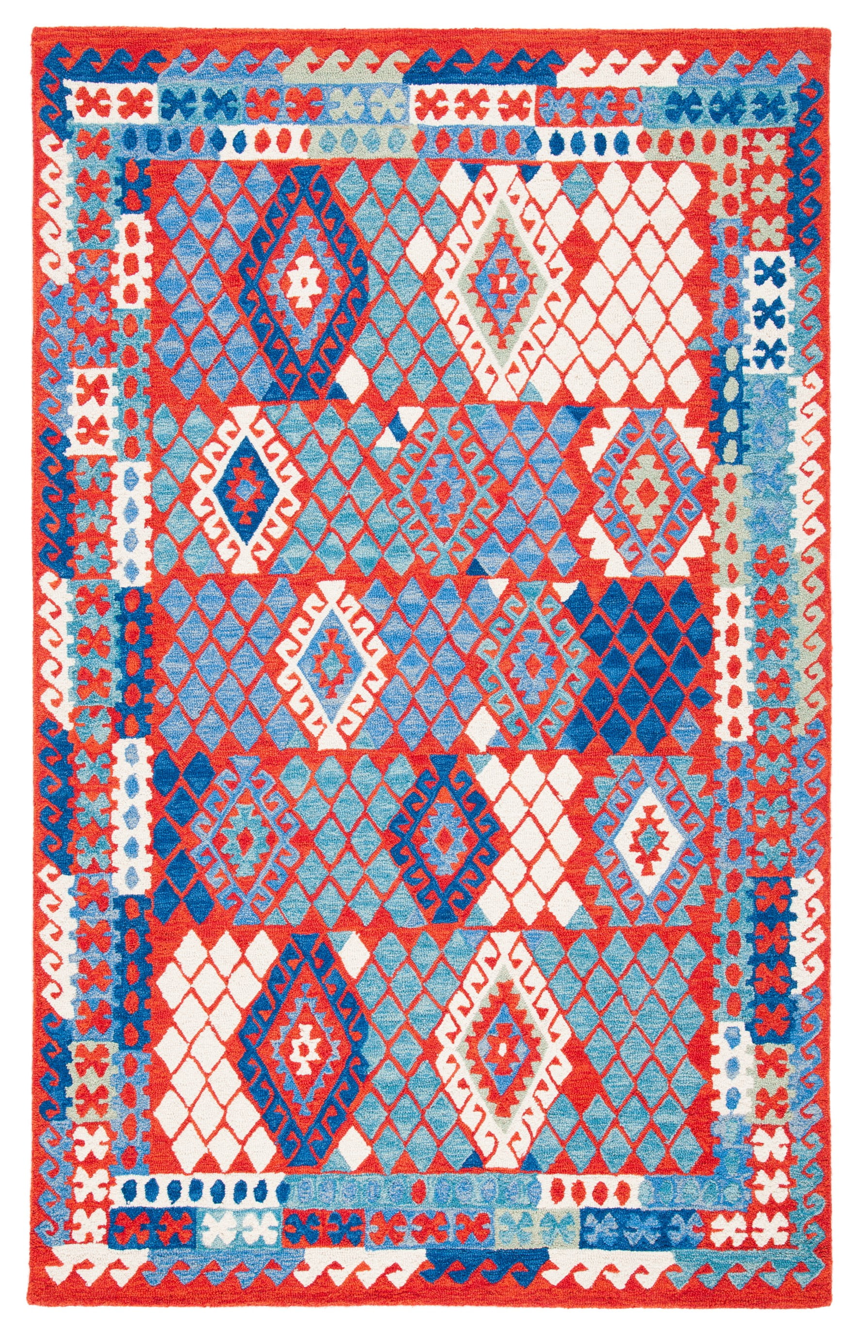 Aspen Blue and Red Handmade Wool Geometric Rug