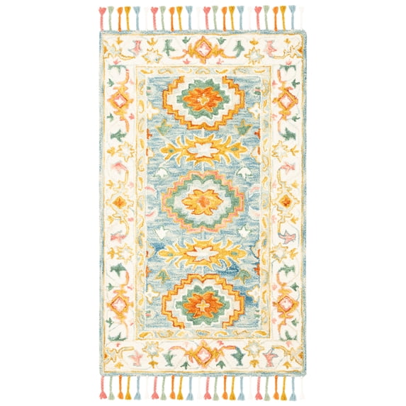 SAFAVIEH Aspen Ronnette Floral Bordered Wool Runner Rug, Blue/Ivory, 2'3" x 5'