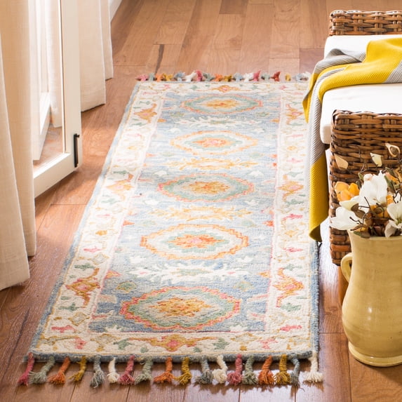 SAFAVIEH Aspen Ronnette Floral Bordered Wool Runner Rug, Blue/Ivory, 2'3" x 7'
