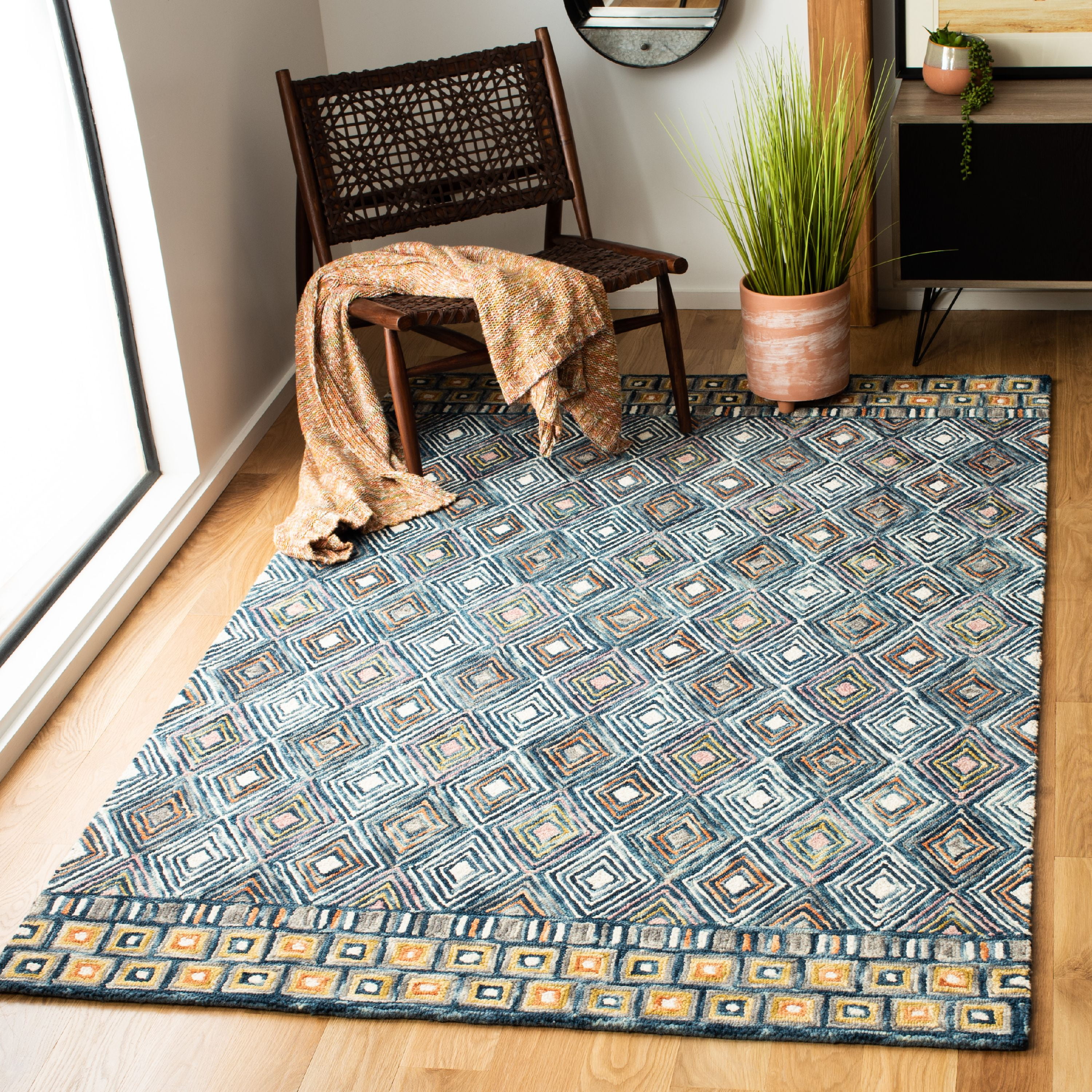 Bohemian Blue Geometric Hand-Tufted Wool Rug 47"x5"