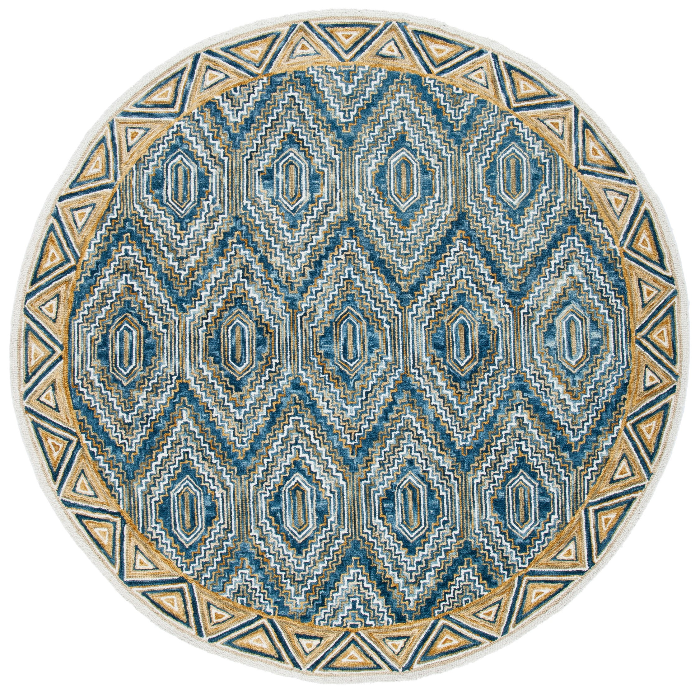 SAFAVIEH Aspen Sylvester Geometric Hexagons Wool Area Rug, Blue/Gold, 7' x 7' Round