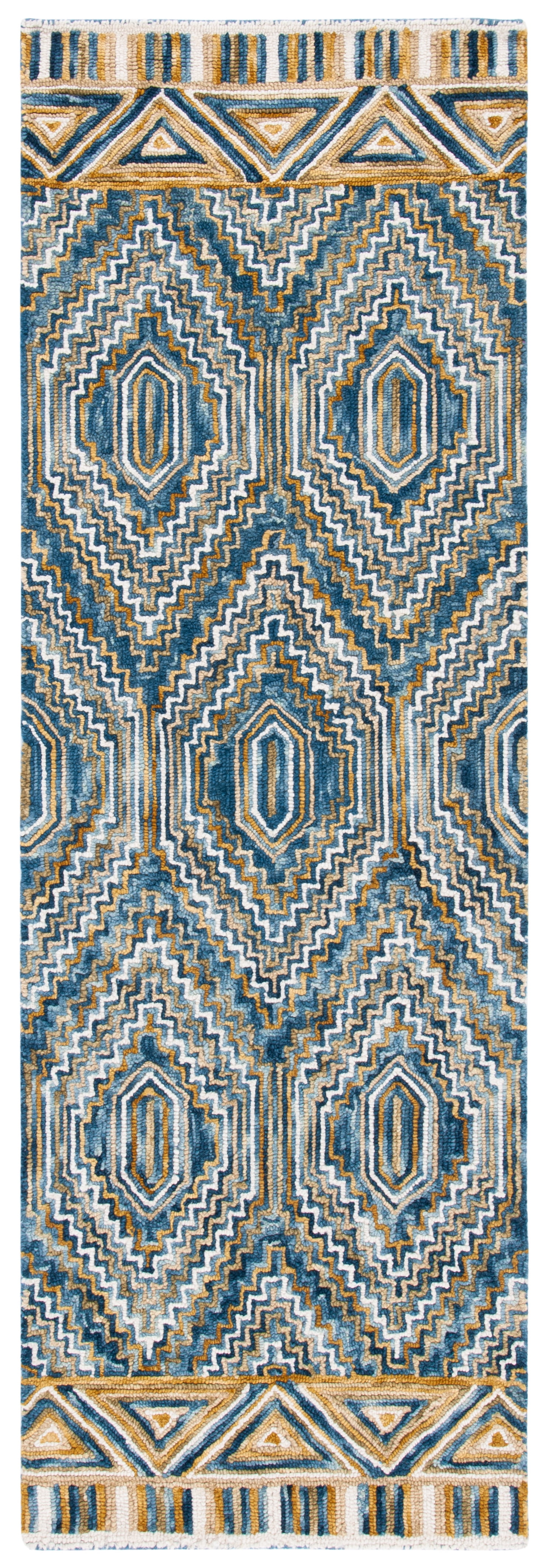 Handmade Blue Geometric Wool Tufted Area Rug, 2'3" x 7'