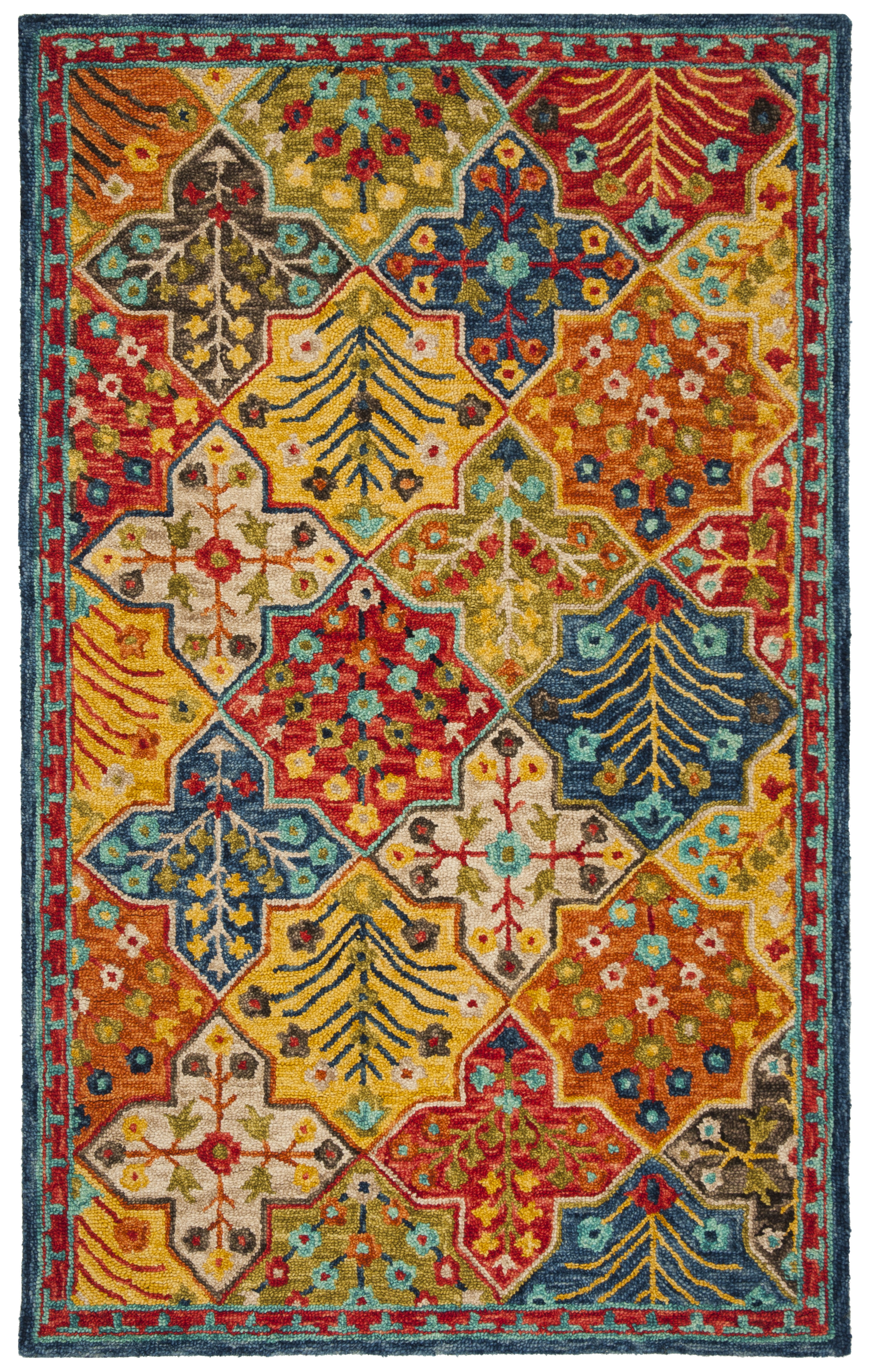 Handmade Blue and Orange Geometric Wool Area Rug, 6' x 9'