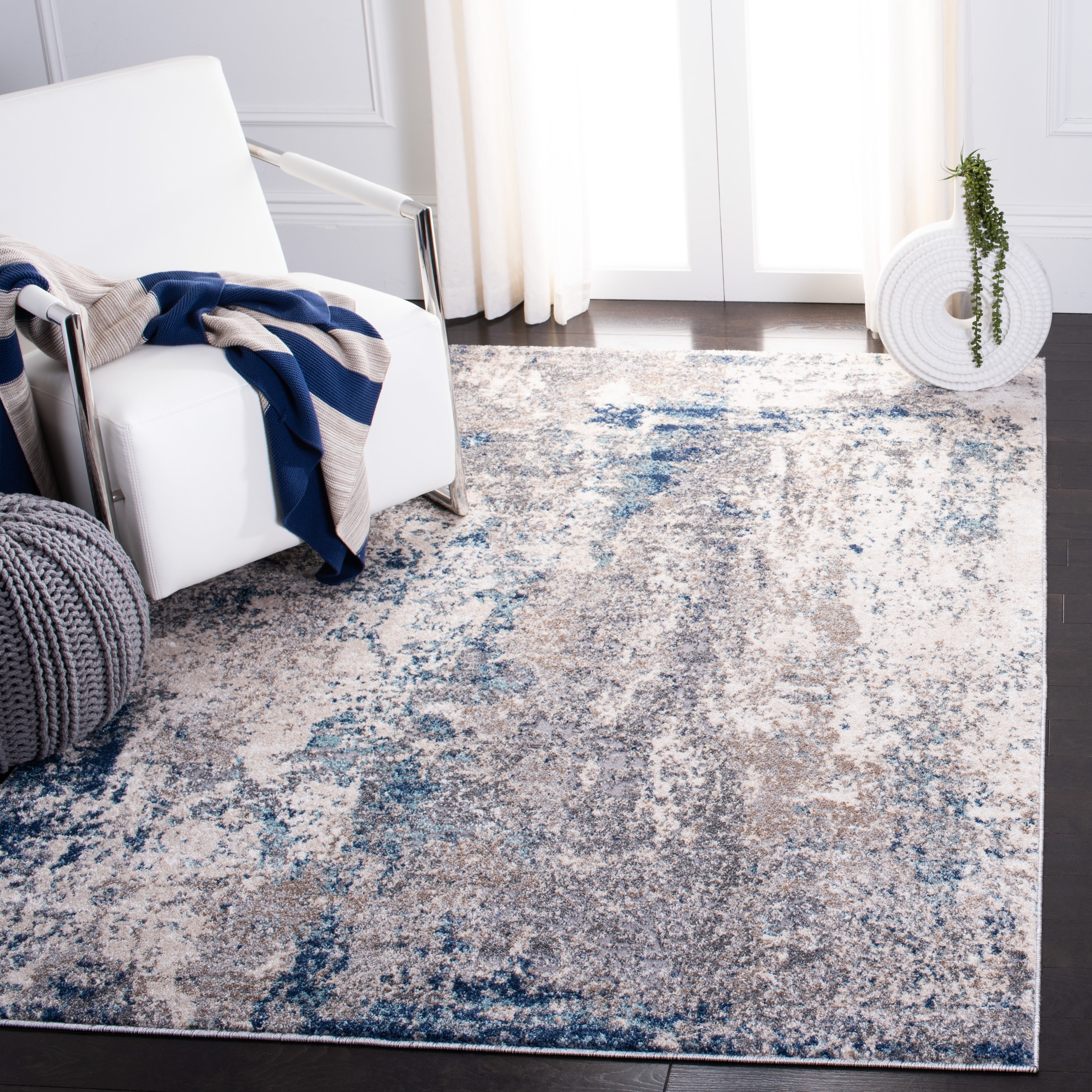 Abstract Grey & Navy Round Synthetic Area Rug, 62"