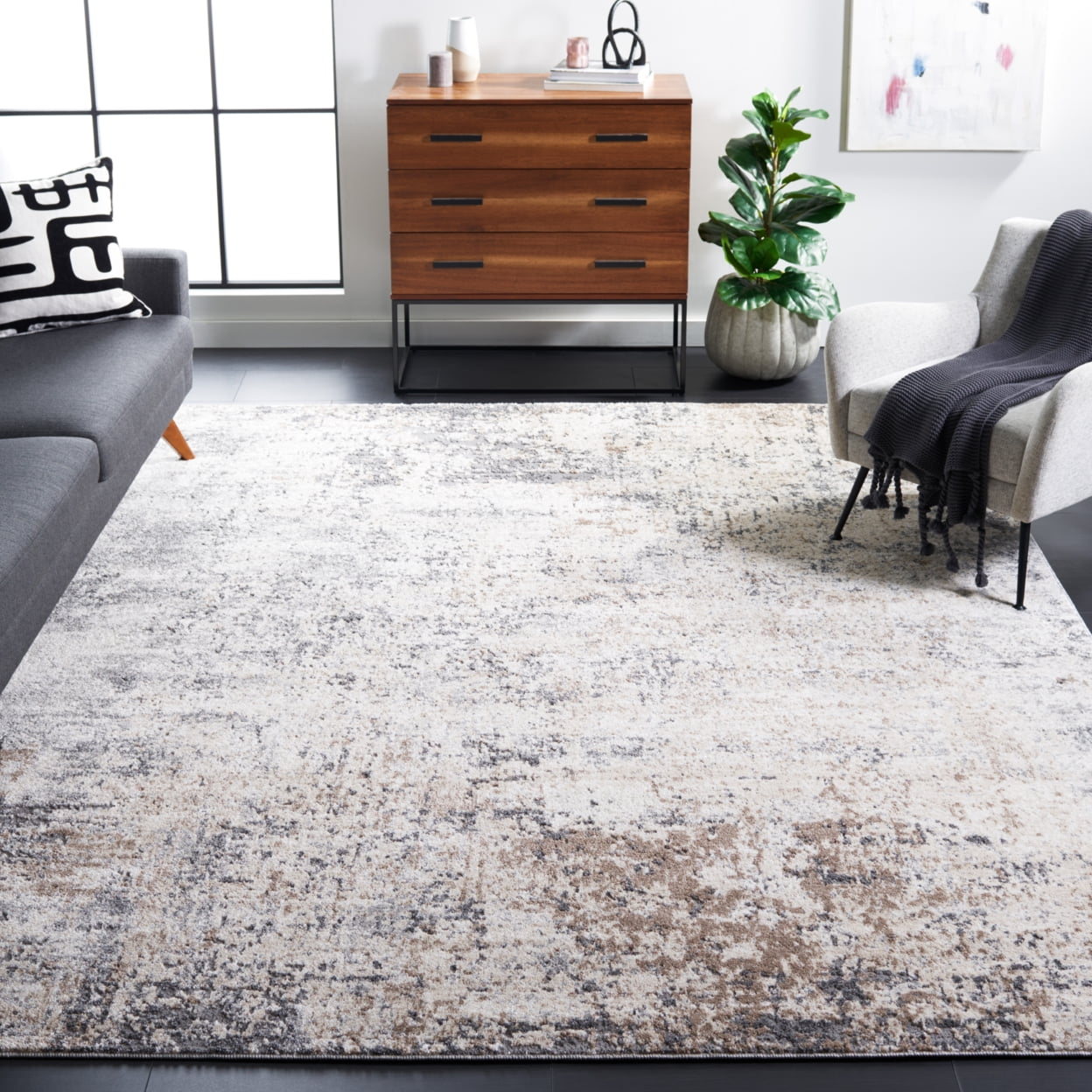 Aston Ivory and Gray Abstract Synthetic Area Rug 3' x 5'