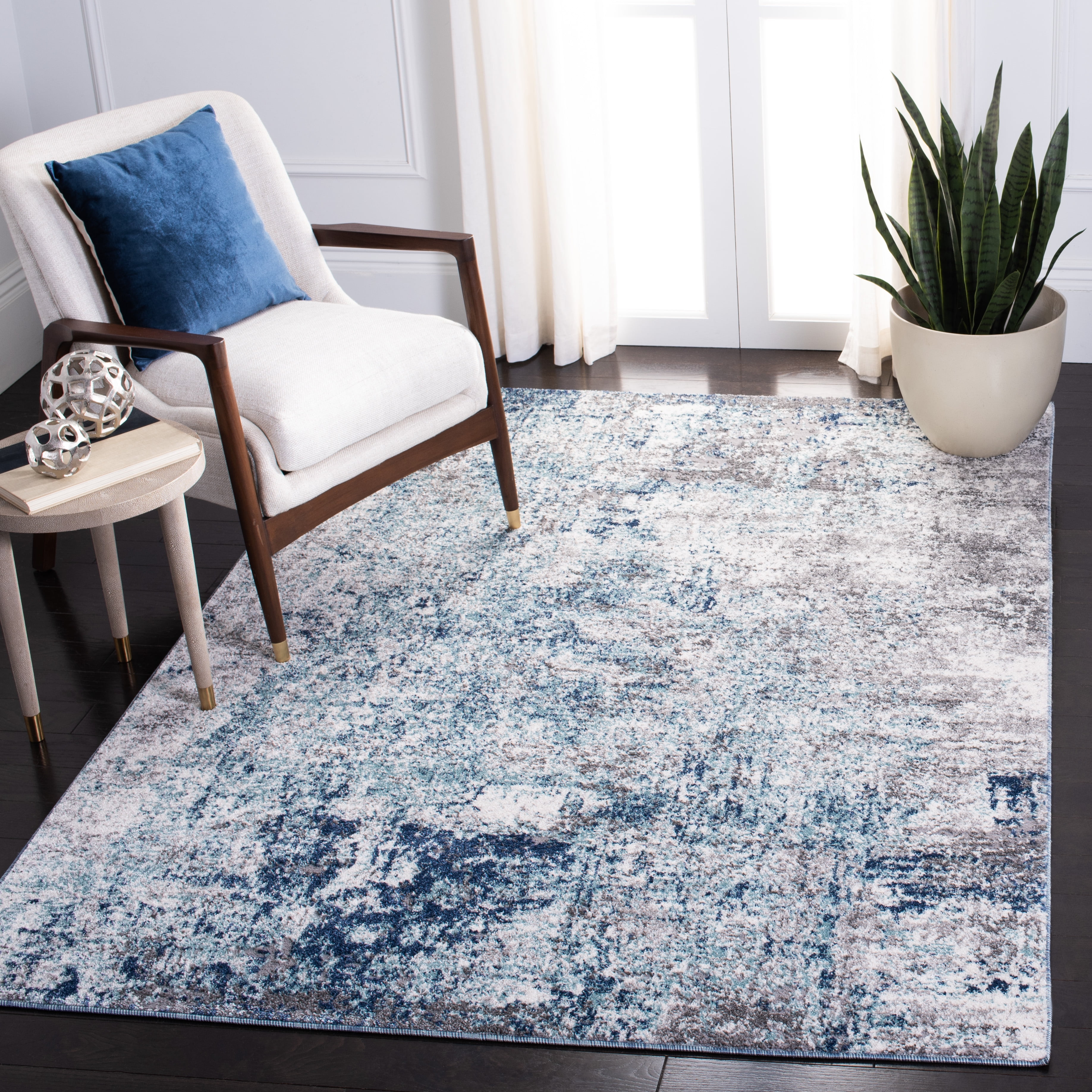 Light Blue and Gray Abstract Stain-Resistant Area Rug
