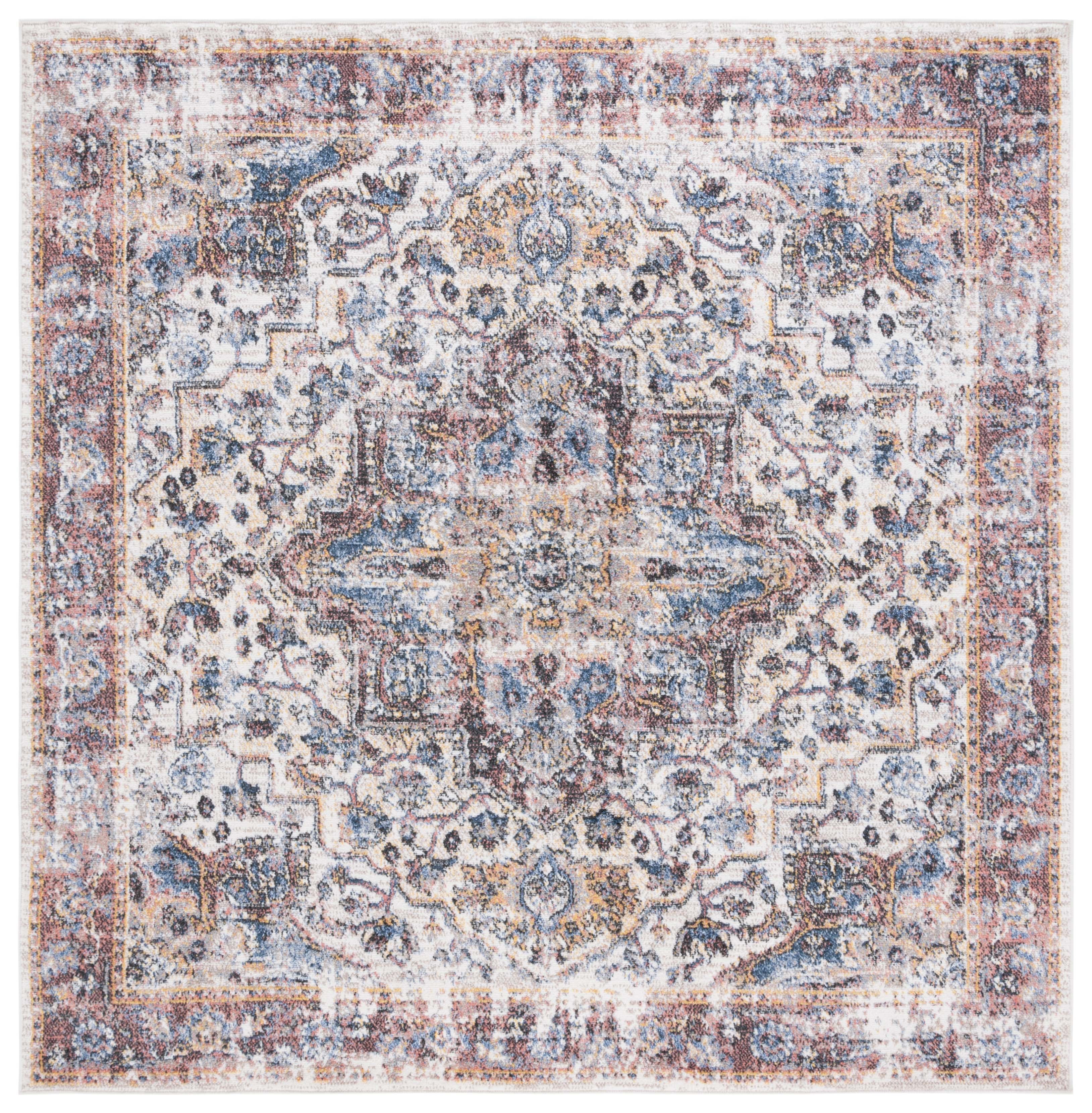 Ivory and Blue Rust Square Synthetic Stain-resistant Area Rug