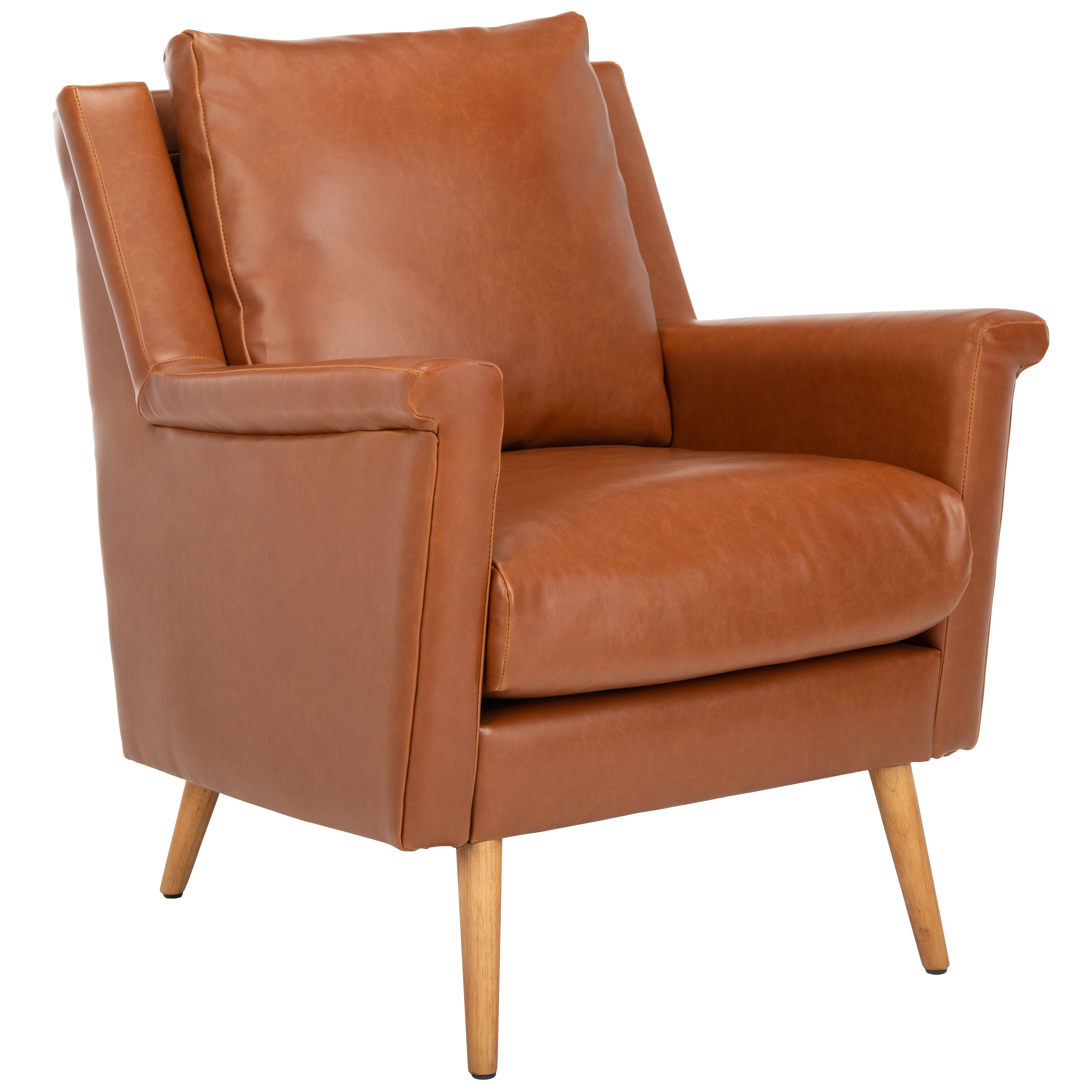 Cognac Faux Leather and Wood Mid-Century Accent Chair
