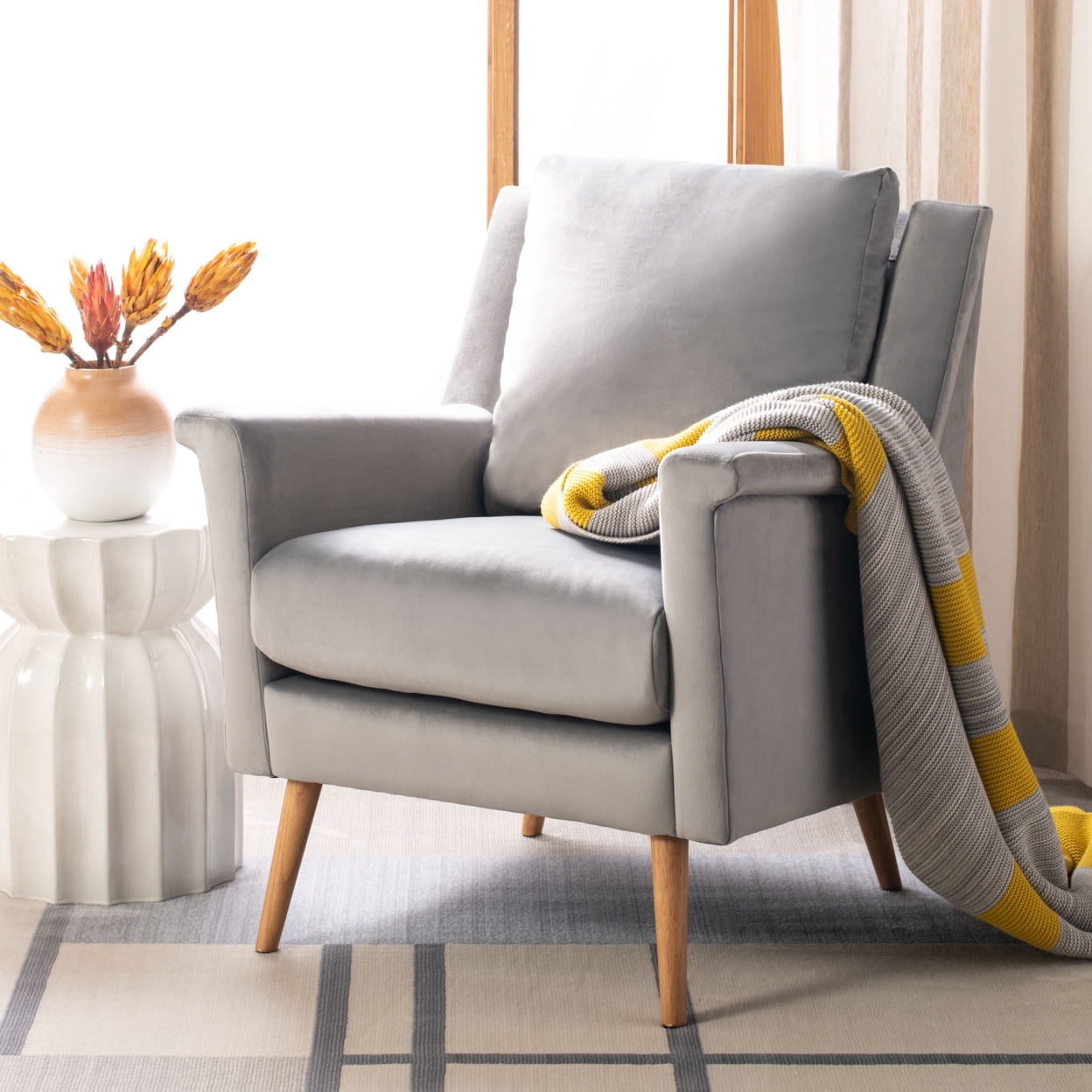 Stone Velvet and Natural Oak Mid-Century Modern Accent Chair