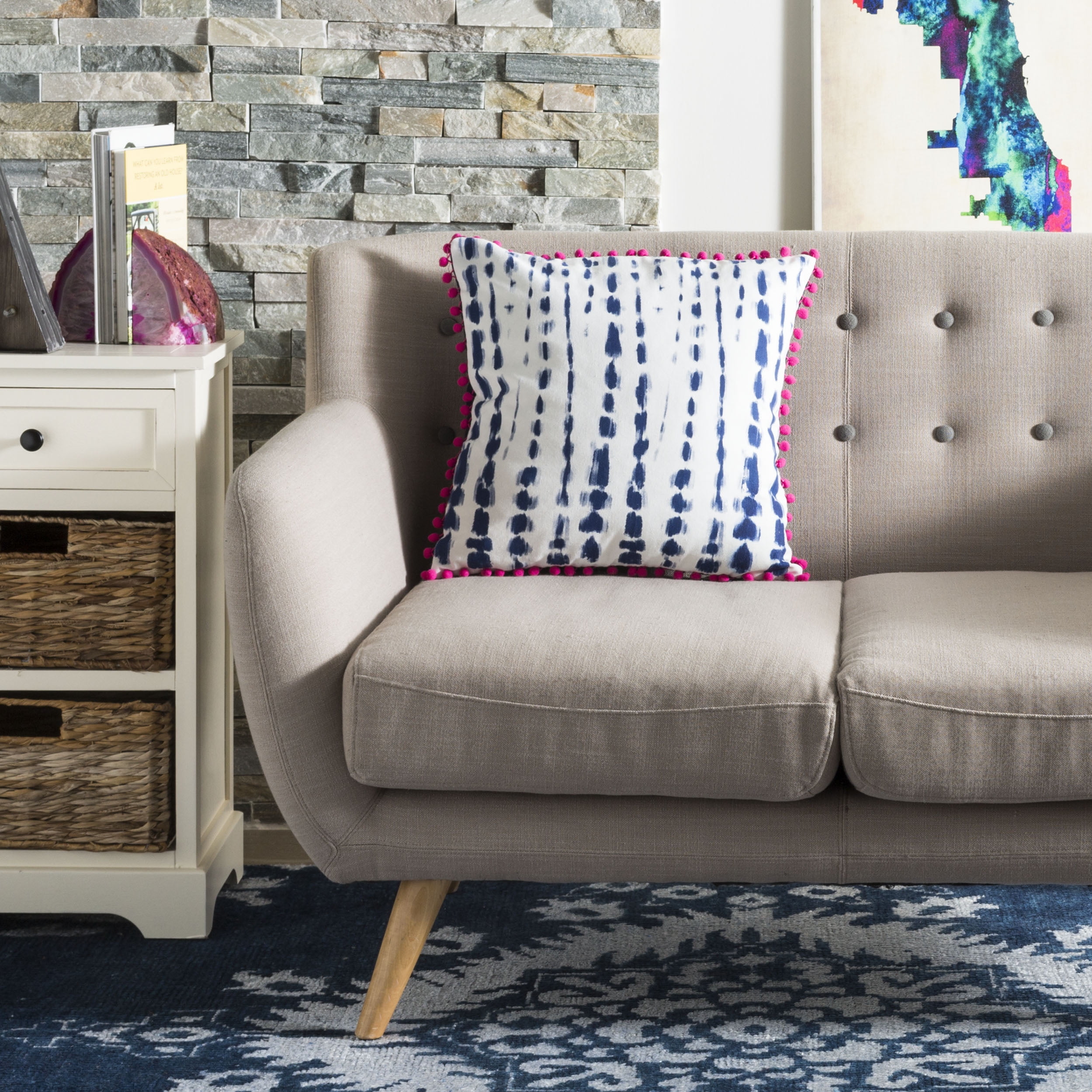 Atalia Blue and Pink Cotton Tassel Throw Pillow 16" x 16"