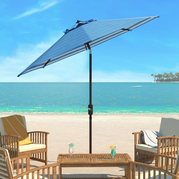 SAFAVIEH Athens 11' Market Crank Round Patio Umbrella, Baby Blue/White