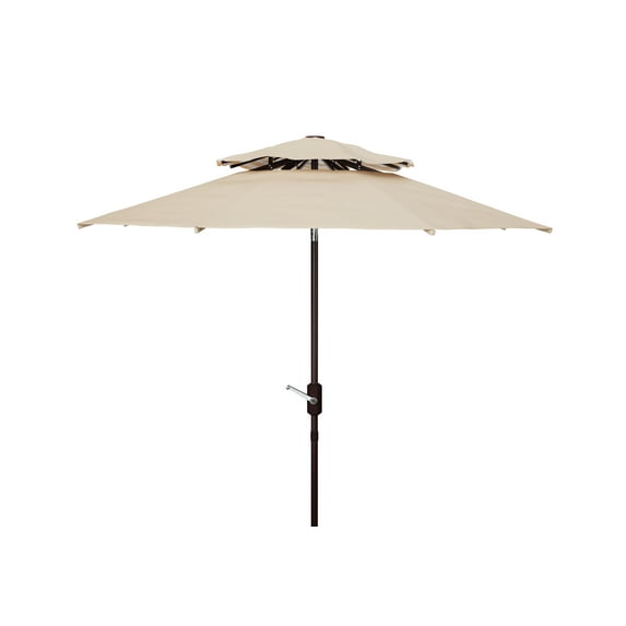 SAFAVIEH Athens 9' Market Double Top Crank Patio Umbrella, Beige/White