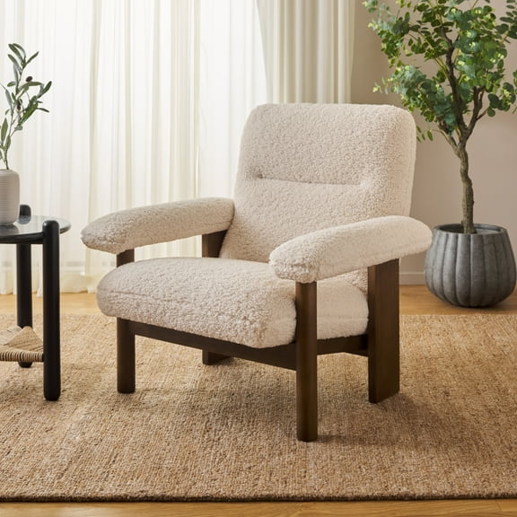 SAFAVIEH Attwell Accent Chairs, Cream Faux Shearling/Brown (32.9 in. W x 29.5 in. D x 32.7 in. H)