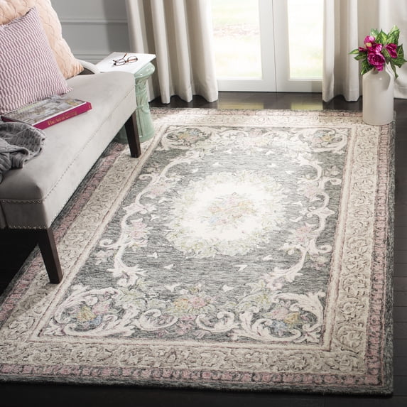SAFAVIEH Aubusson Sonam Floral Bordered Wool Area Rug, Ivory/Charcoal, 5' x 8'