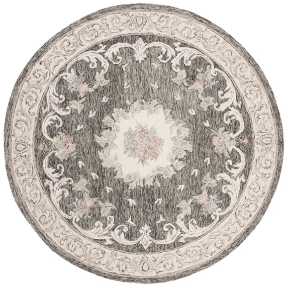 SAFAVIEH Aubusson Sonam Oriental Wool Area Rug, Ivory/Charcoal, 6' x 6' Round