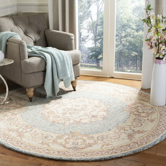 SAFAVIEH Aubusson Toby Floral Bordered Wool Area Rug, Blue/Ivory, 6' x 6' Round