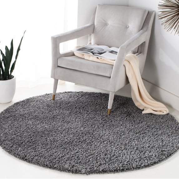 SAFAVIEH August Carlene Solid Plush Shag Area Rug, Grey, 3' x 3' Round - Modern Design, Grey, Non-Shedding & Easy Cleaning, Ultra Plush Thick Pile, Ideal for Living Room, Bedroom