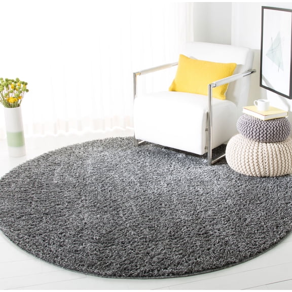 SAFAVIEH August Carlene Solid Plush Shag Area Rug, Grey, 6'7" x 6'7" Round - Modern Design, Grey, Non-Shedding & Easy Cleaning, Ultra Plush Thick Pile, Ideal for Living Room, Bedroom
