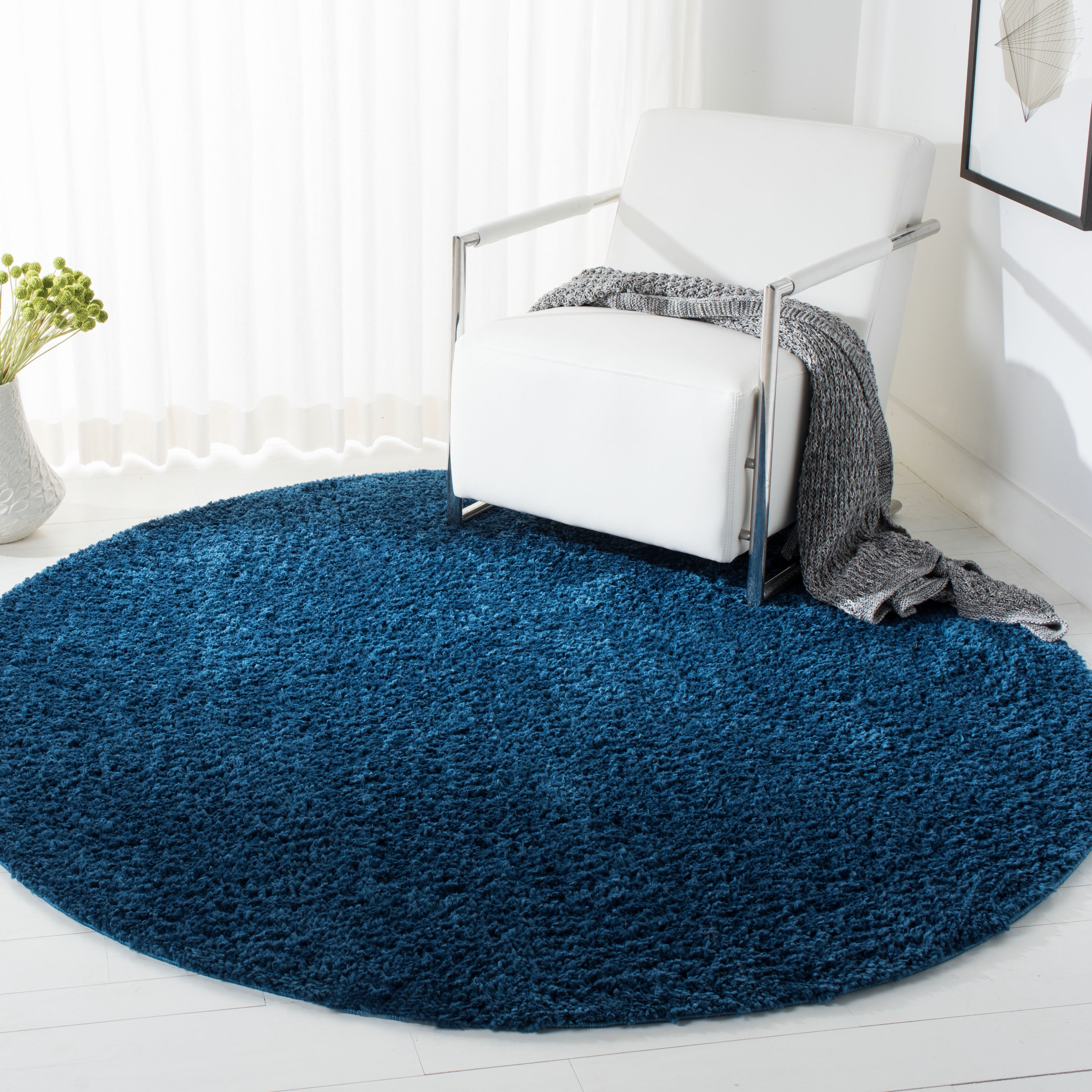 SAFAVIEH August Carlene Solid Plush Shag Area Rug, Navy, 11' x 11' Round - Large - Modern Design, Navy, Non-Shedding & Easy Cleaning, Ultra Plush Thick Pile, Ideal for Living Room, Bedroom