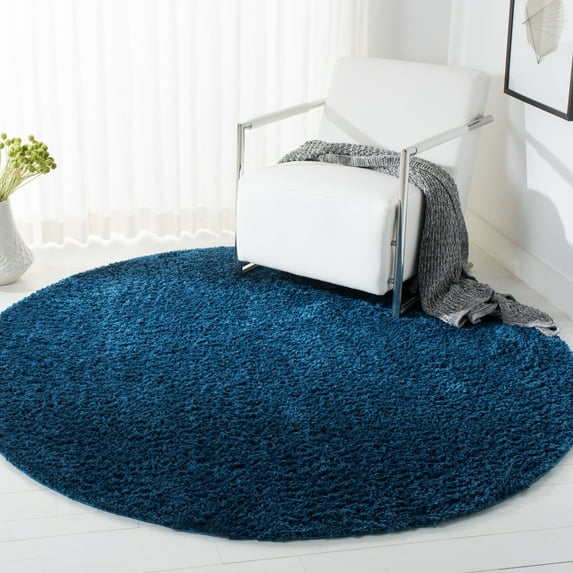 SAFAVIEH August Carlene Solid Plush Shag Area Rug, Navy, 5' x 5' Round - Modern Design, Navy, Non-Shedding & Easy Cleaning, Ultra Plush Thick Pile, Ideal for Living Room, Bedroom