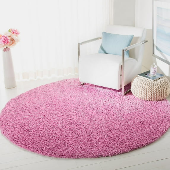 SAFAVIEH August Carlene Solid Plush Shag Area Rug, Pink, 5' x 5' Round - Modern Design, Pink, Non-Shedding & Easy Cleaning, Ultra Plush Thick Pile, Ideal for Living Room, Bedroom