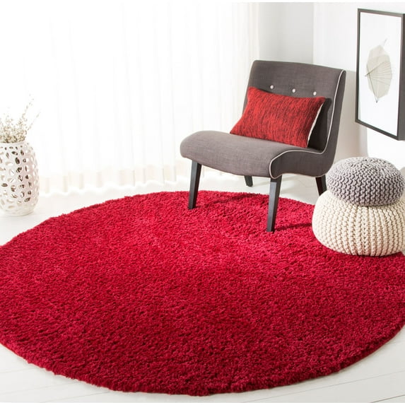 SAFAVIEH August Carlene Solid Plush Shag Area Rug, Red, 6'7" x 6'7" Round - Modern Design, Red, Non-Shedding & Easy Cleaning, Ultra Plush Thick Pile, Ideal for Living Room, Bedroom