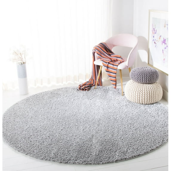 SAFAVIEH August Carlene Solid Plush Shag Area Rug, Silver, 10' x 10' Round - Large - Modern Design, Silver, Non-Shedding & Easy Cleaning, Ultra Plush Thick Pile, Ideal for Living Room, Bedroom