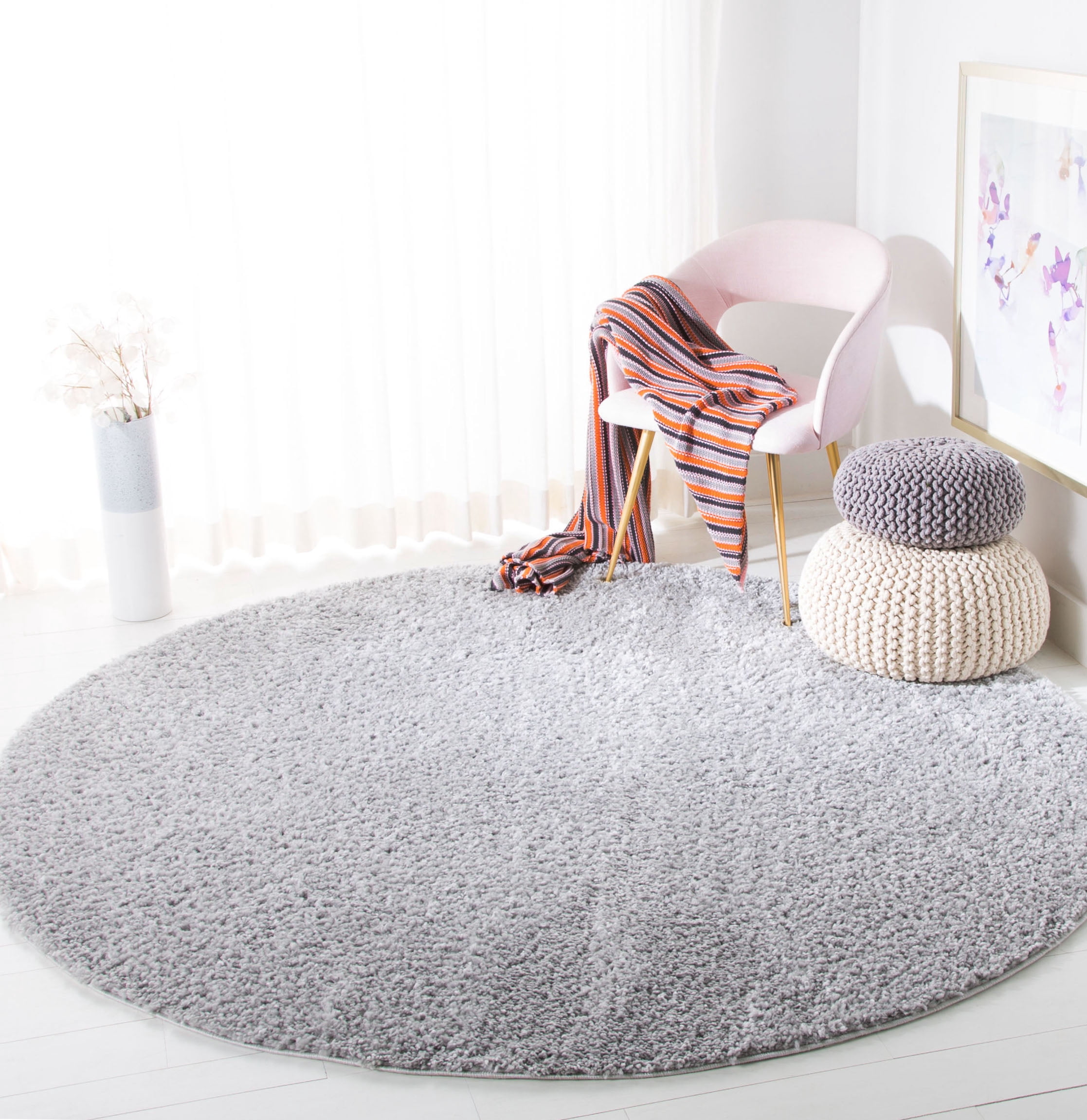 SAFAVIEH August Carlene Solid Plush Shag Area Rug, Silver, 11' x 11' Round - Large - Modern Design, Silver, Non-Shedding & Easy Cleaning, Ultra Plush Thick Pile, Ideal for Living Room, Bedroom