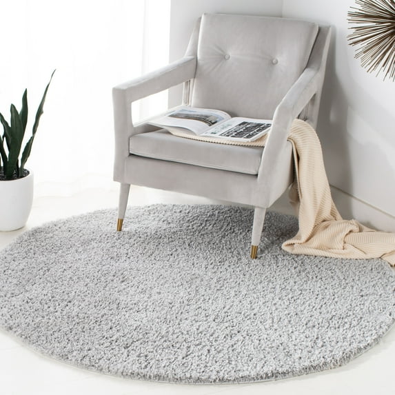 SAFAVIEH August Carlene Solid Plush Shag Area Rug, Silver, 5'3" x 5'3" Round - Modern Design, Silver, Non-Shedding & Easy Cleaning, Ultra Plush Thick Pile, Ideal for Living Room, Bedroom