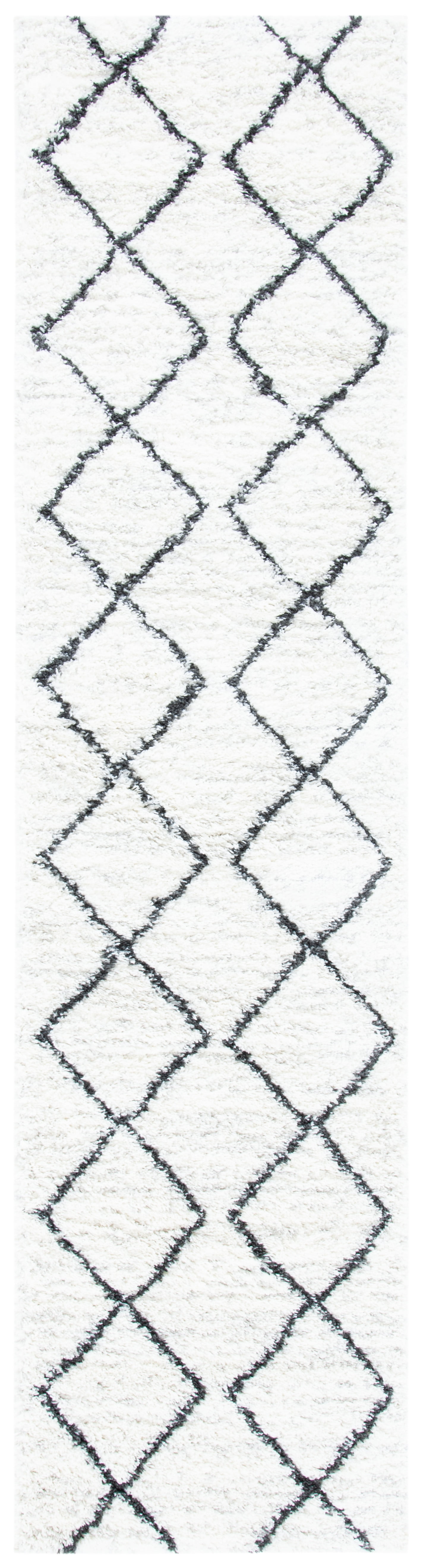 Ivory and Black Diamond Shag Runner Rug 2'2" x 9'