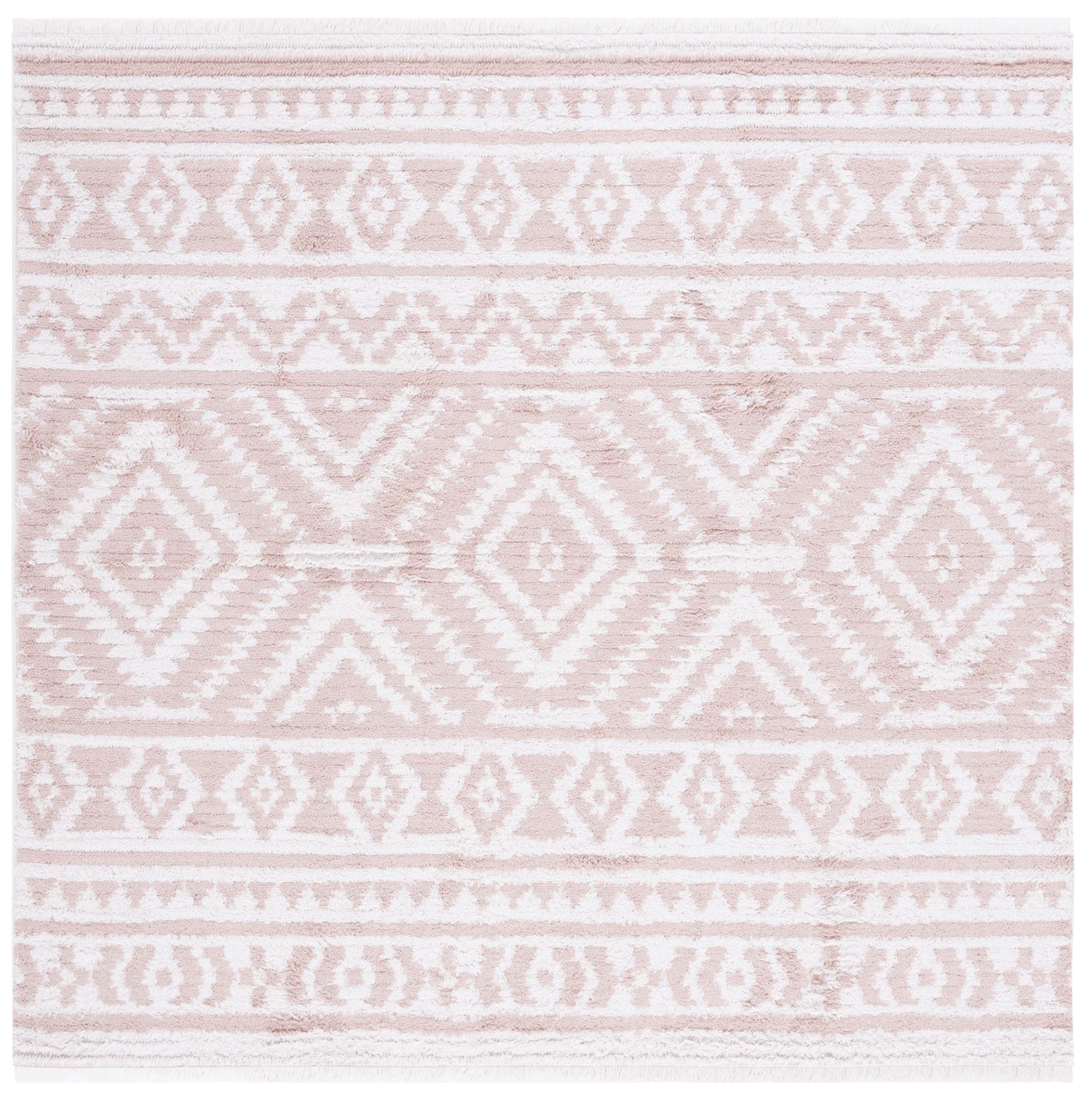 Ivory and Pink Geometric Square Synthetic Area Rug