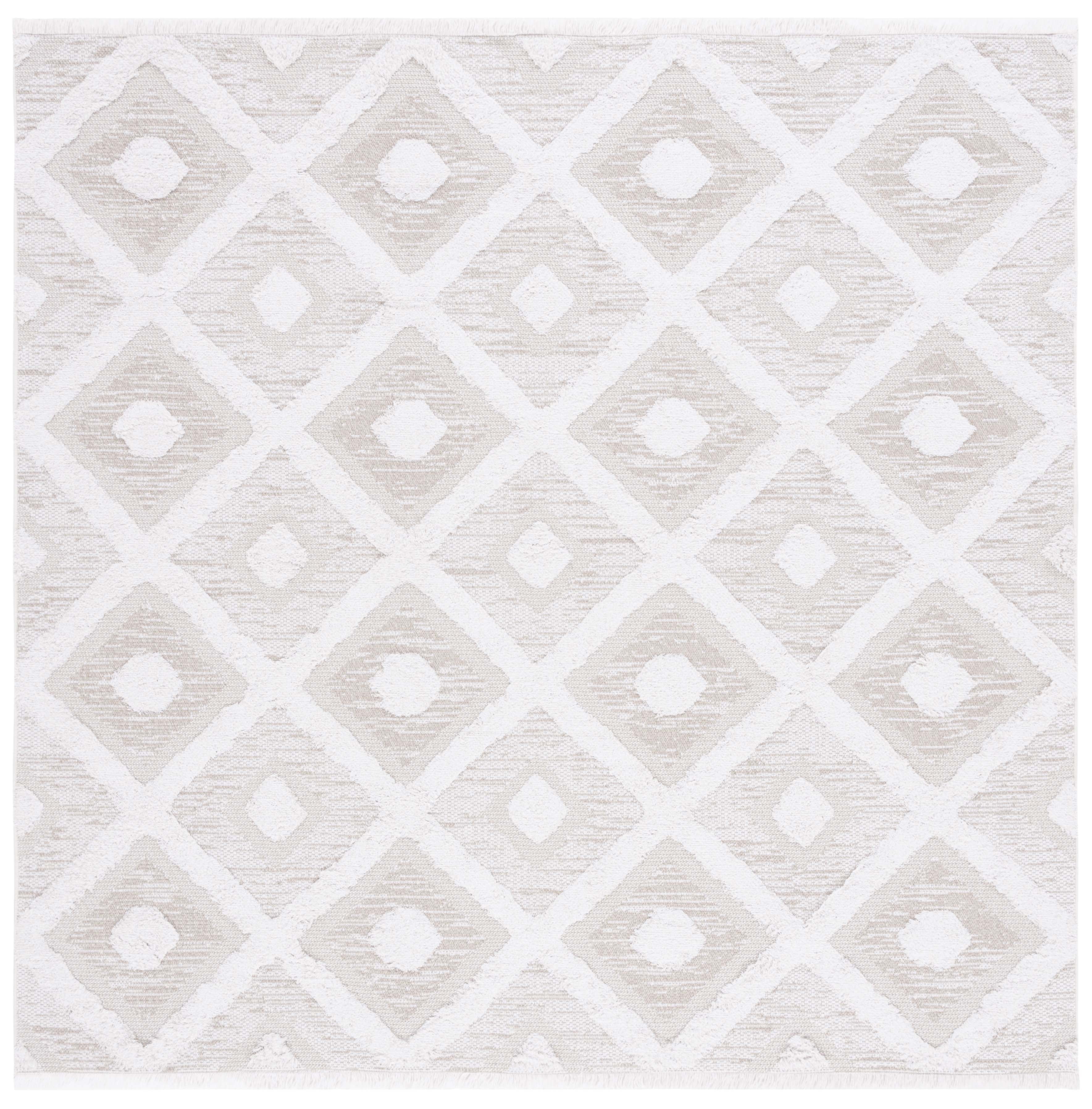 Beige and Ivory Geometric Synthetic Square Area Rug, 6'4" x 6'4"