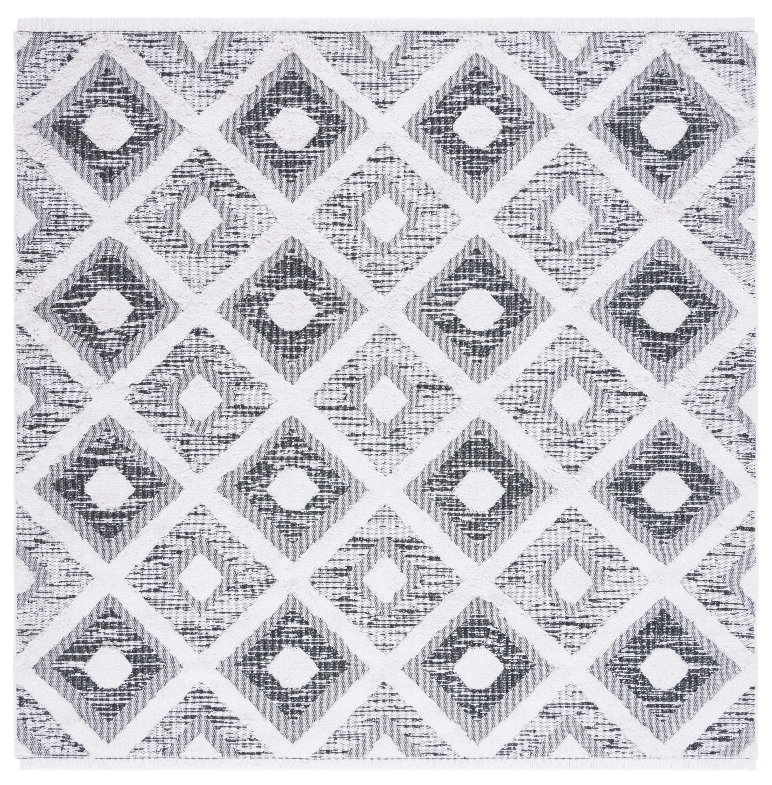 Black and Ivory Geometric Flat Woven Square Rug, 6'4"