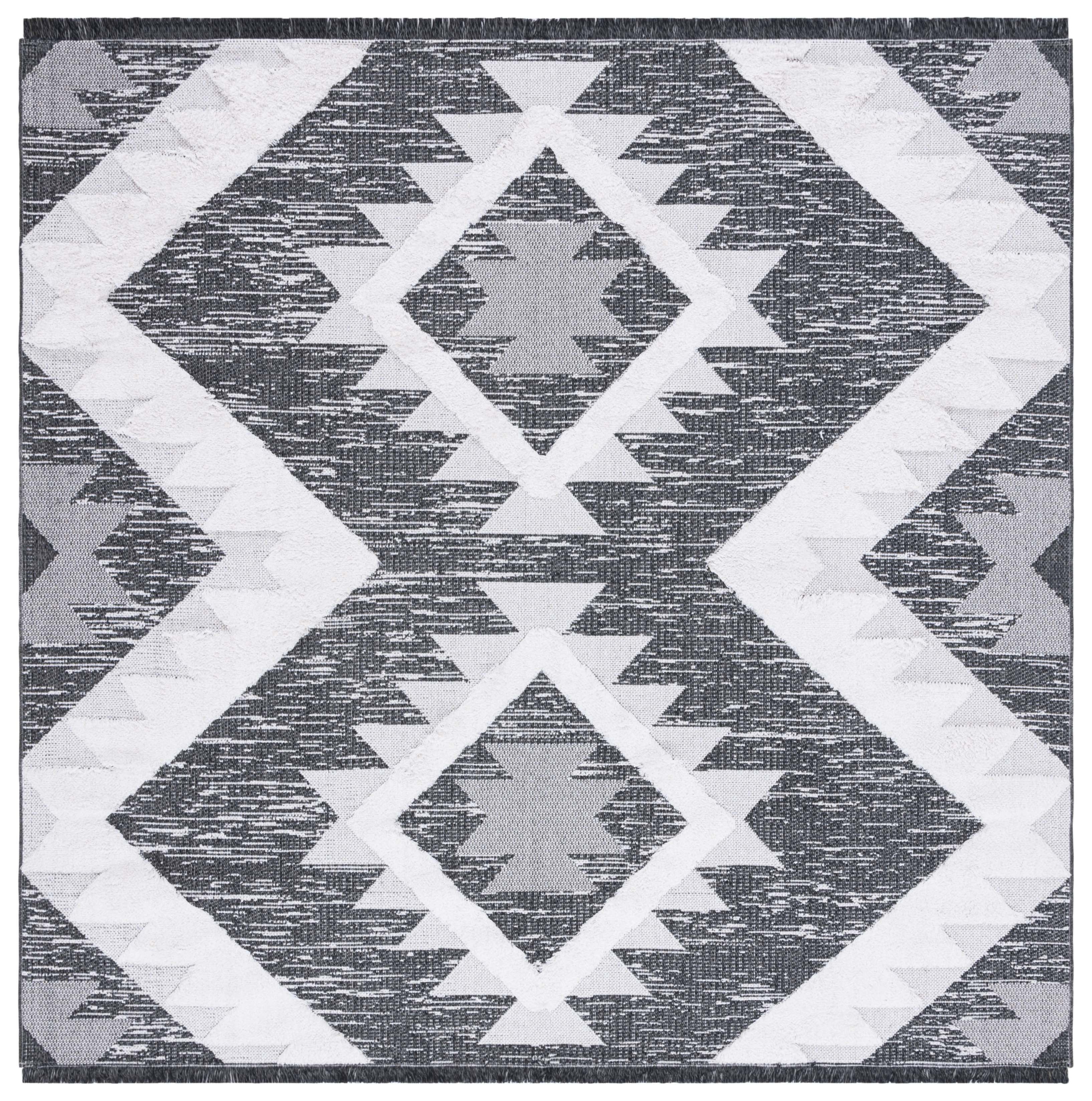 Black and Ivory Geometric Square Synthetic Area Rug, 6'4" x 6'4"